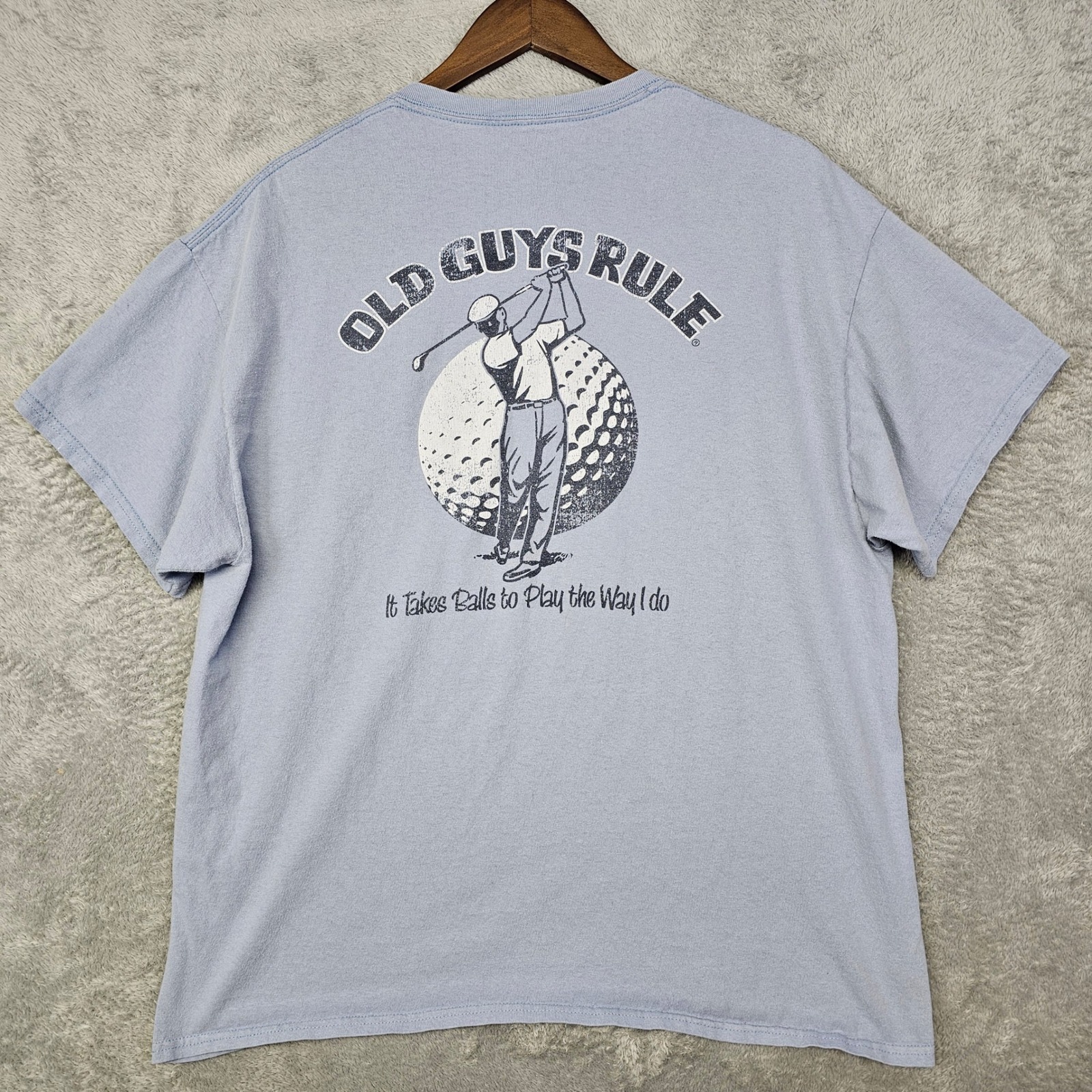 Old Guys Rule Golf Graphic T-Shirt Mens Xl Blue Humor Tee "It Takes Balls" Logo